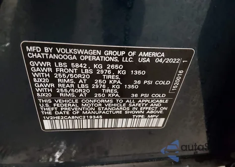 2022 Volkswagen Atlas Cross Sport 3.6L V6 Se W/Technology z USA, uszkodzony, nr VIN 1V2HE2CA8NC219345